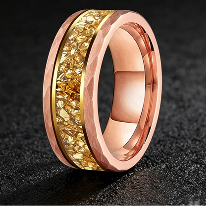 Hammered Tungsten Ring with Gold Crystal Inlay