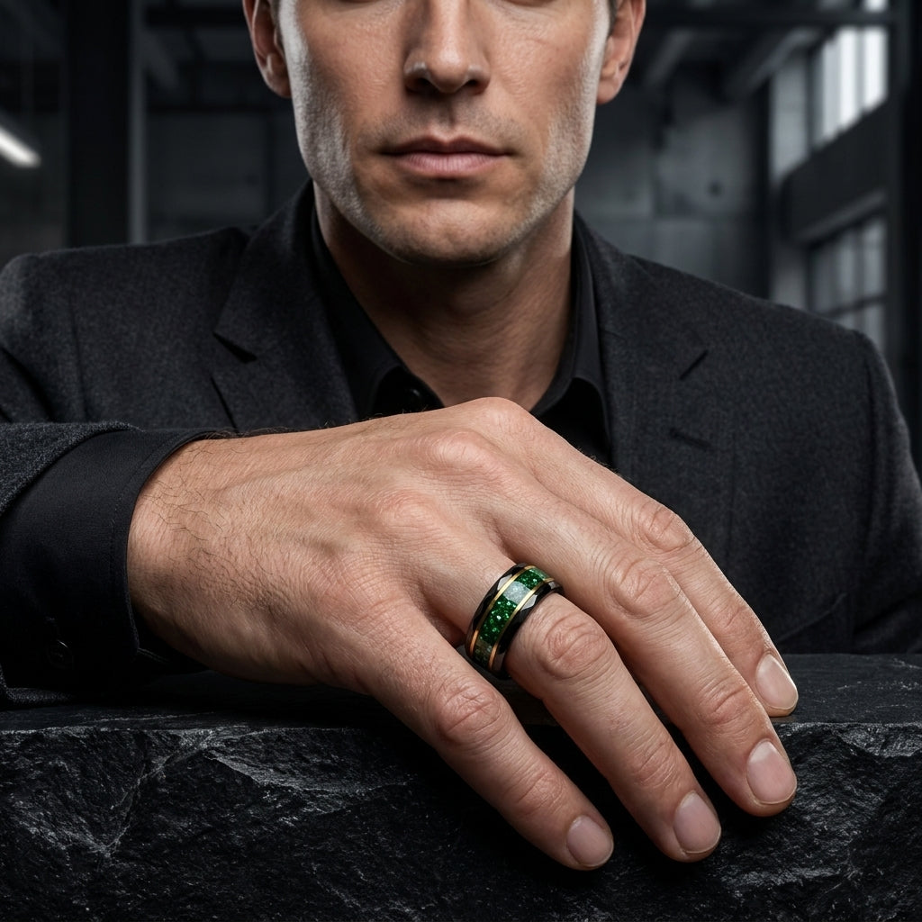 Hammered Tungsten Ring with Green Crystal Inlay