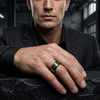 Hammered Tungsten Ring with Green Crystal Inlay