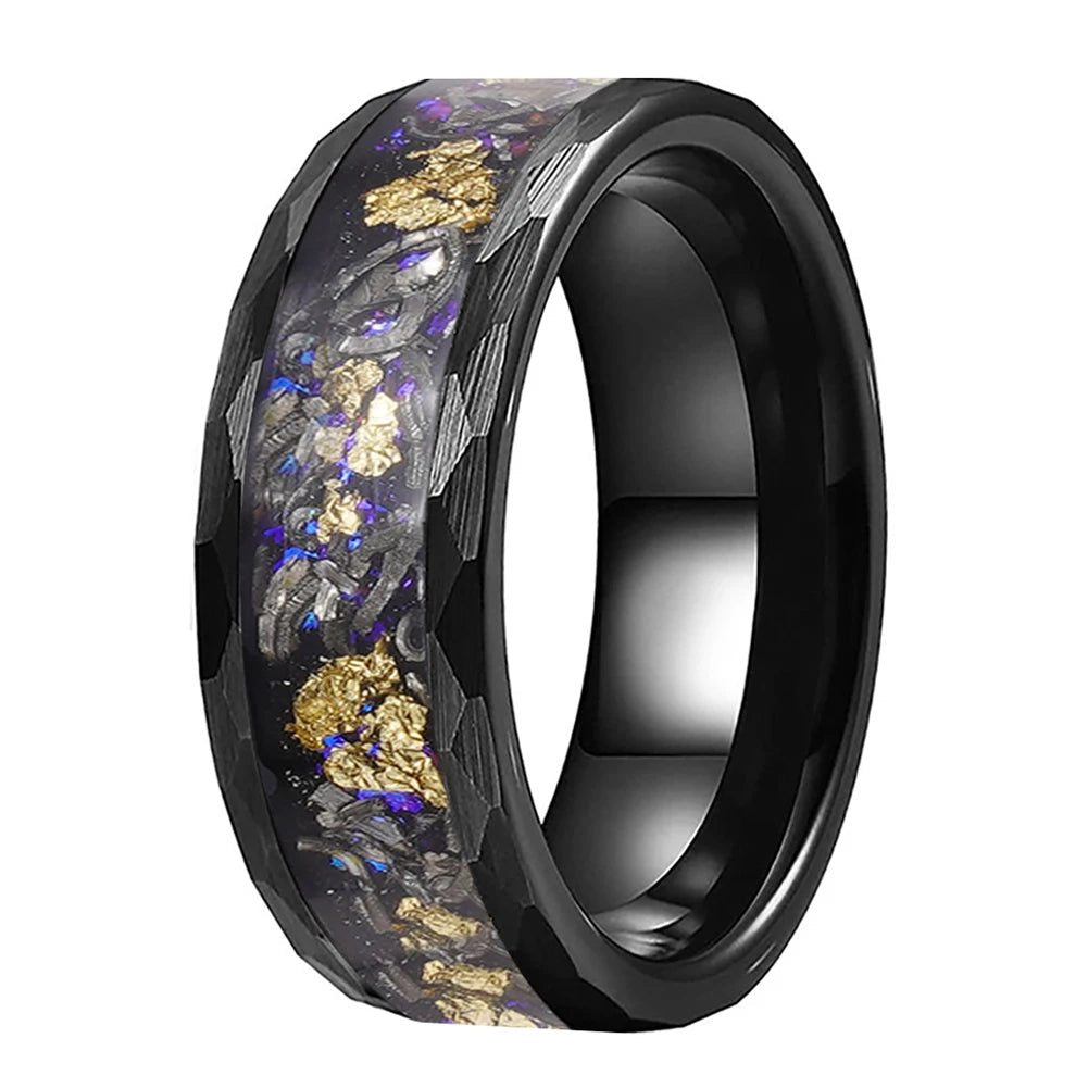 Hammered Tungsten Ring with Orion Nebula & Meteorite Inlay
