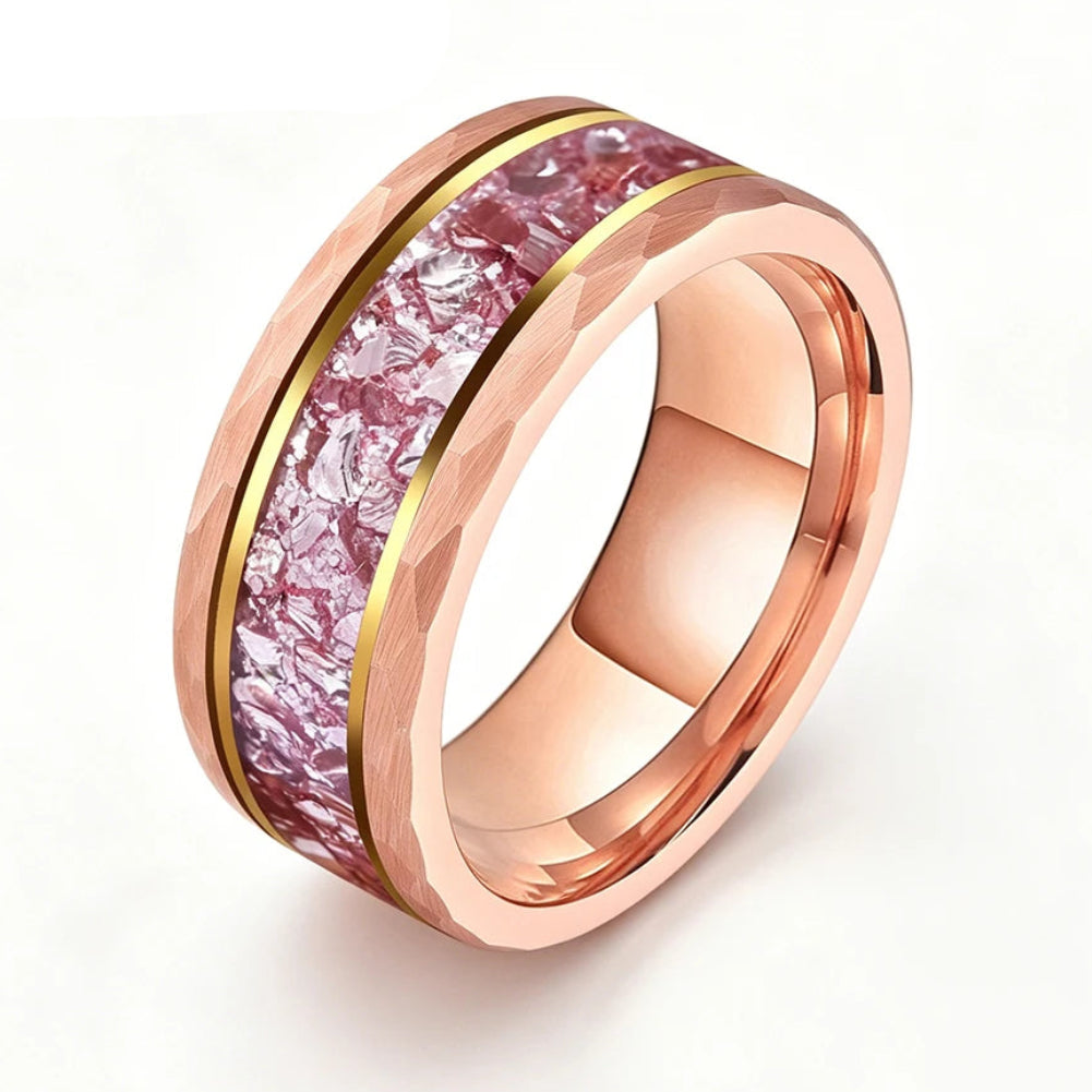 8MM Hammered Tungsten Ring with Pink Morganite Inlay