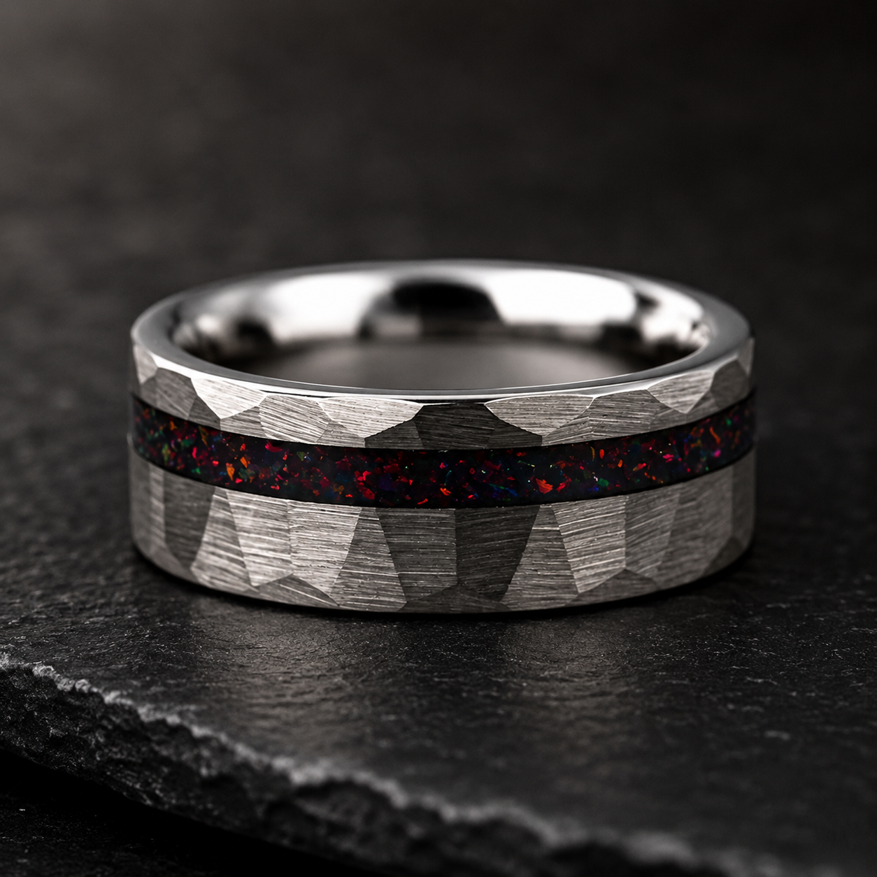 Hammered Tungsten Ring with Red Opal