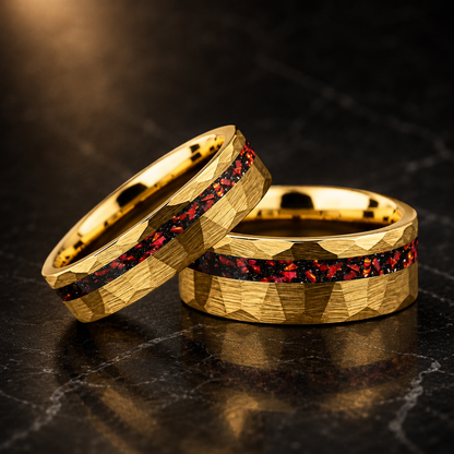 Hammered Tungsten Ring with Red Garnet Inlay