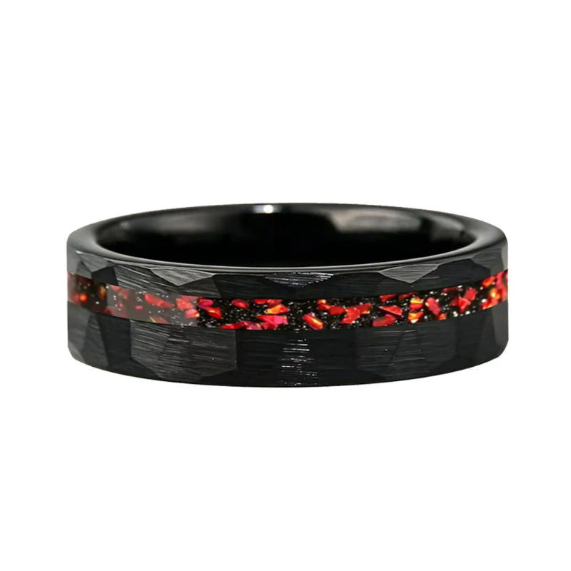 Hammered Tungsten Ring with Red Garnet Inlay