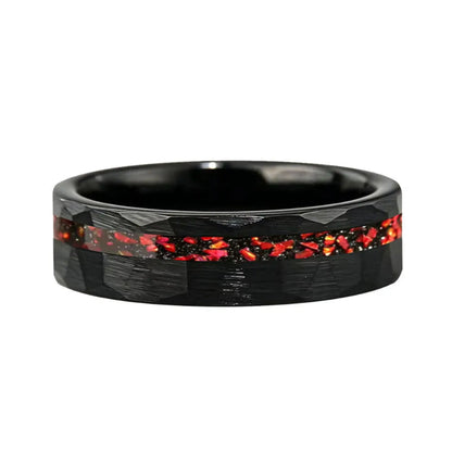 Hammered Tungsten Ring with Red Garnet Inlay