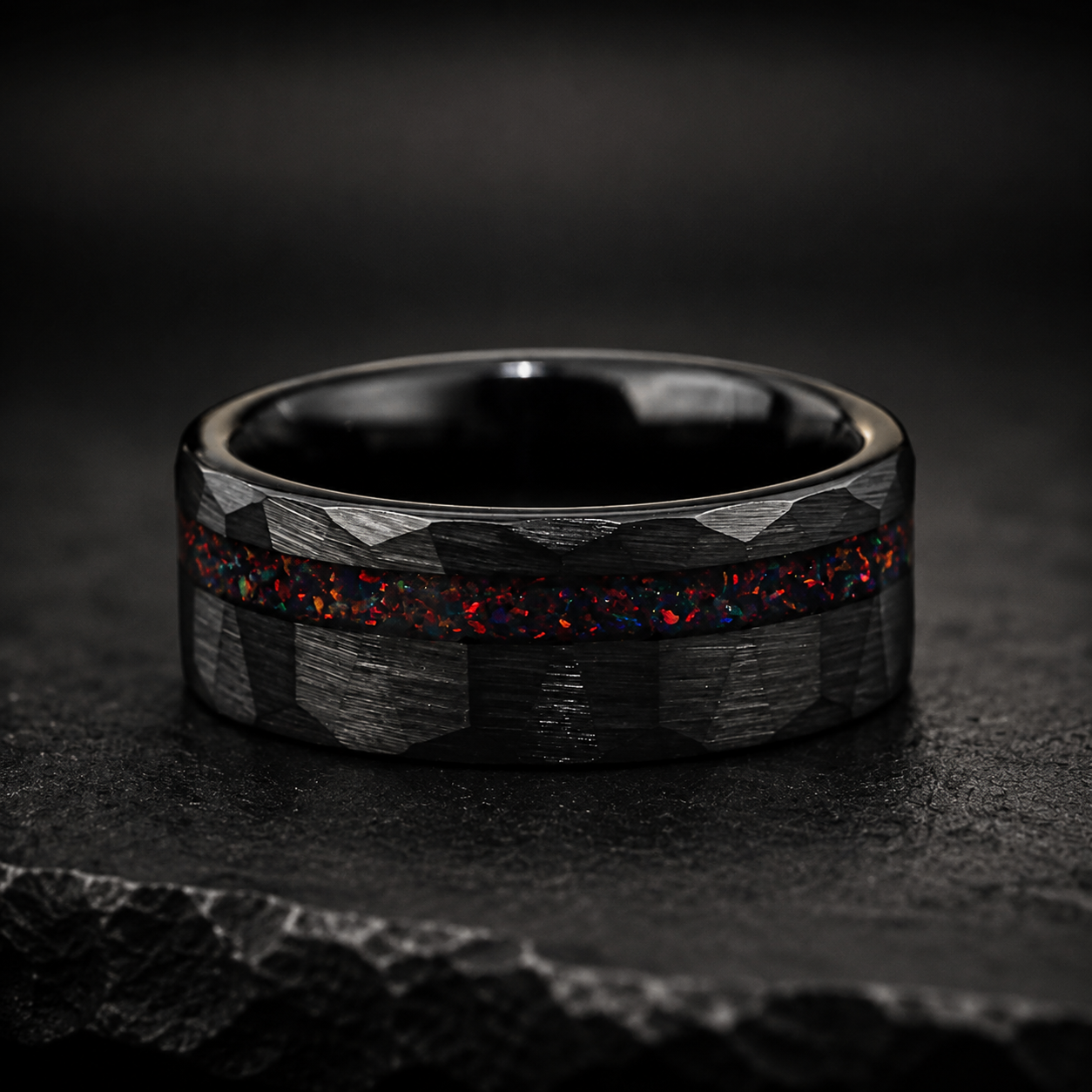 Hammered Tungsten Ring with Red Opal