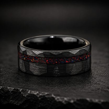 Hammered Tungsten Ring with Red Opal