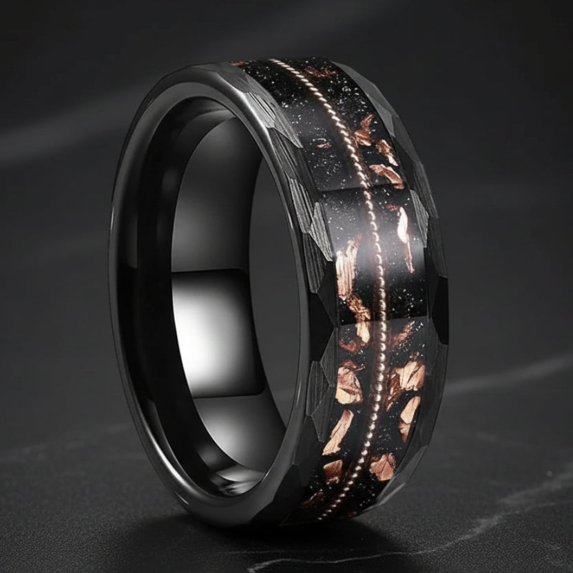 Hammered Tungsten Ring with Rose Gold Foil