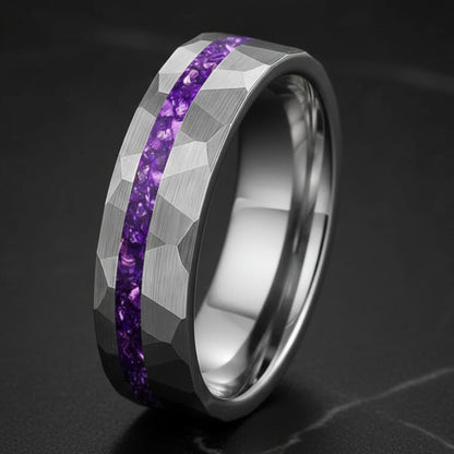 Hammered Tungsten ring with purple inlay