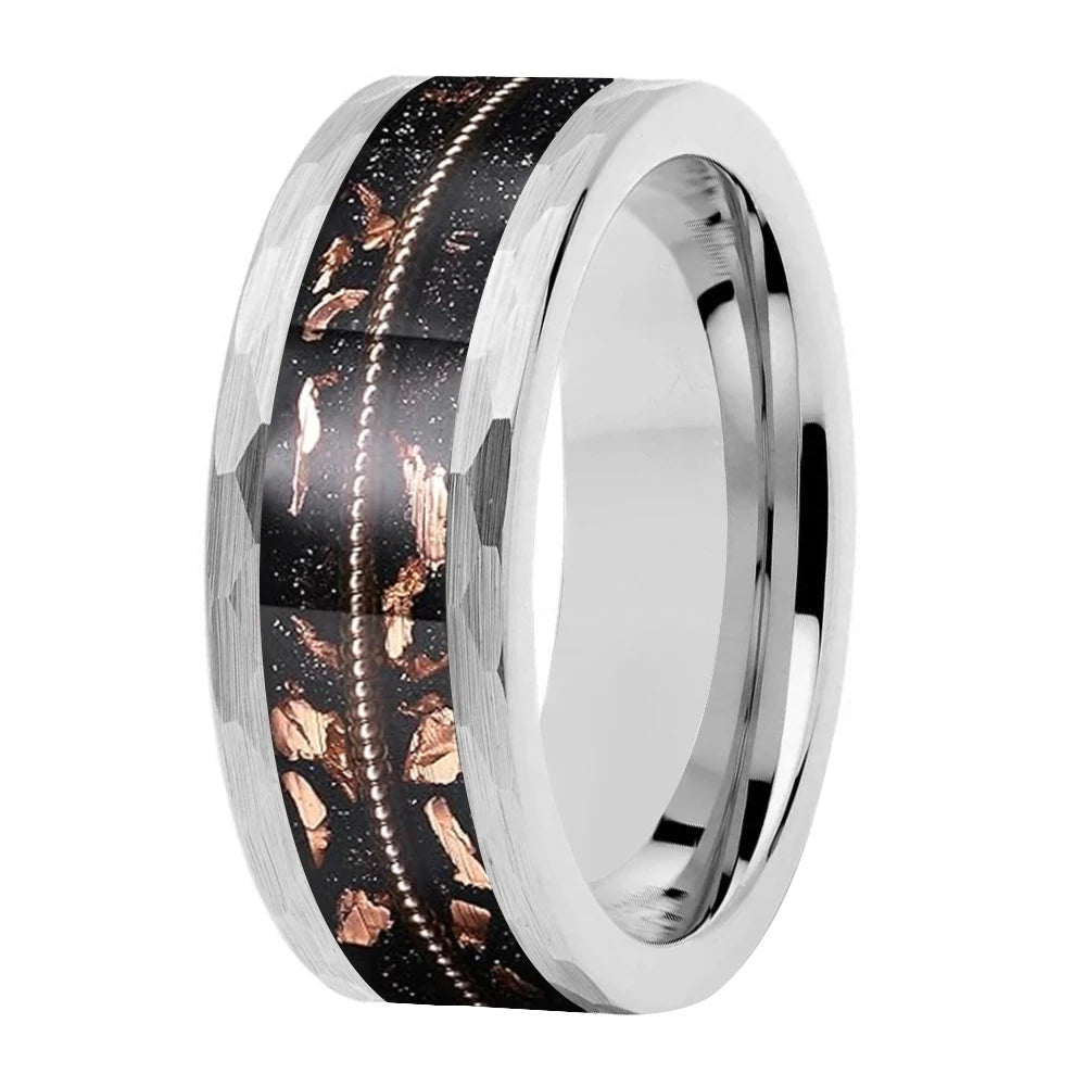 Hammered Tungsten Ring with Rose Gold Foil