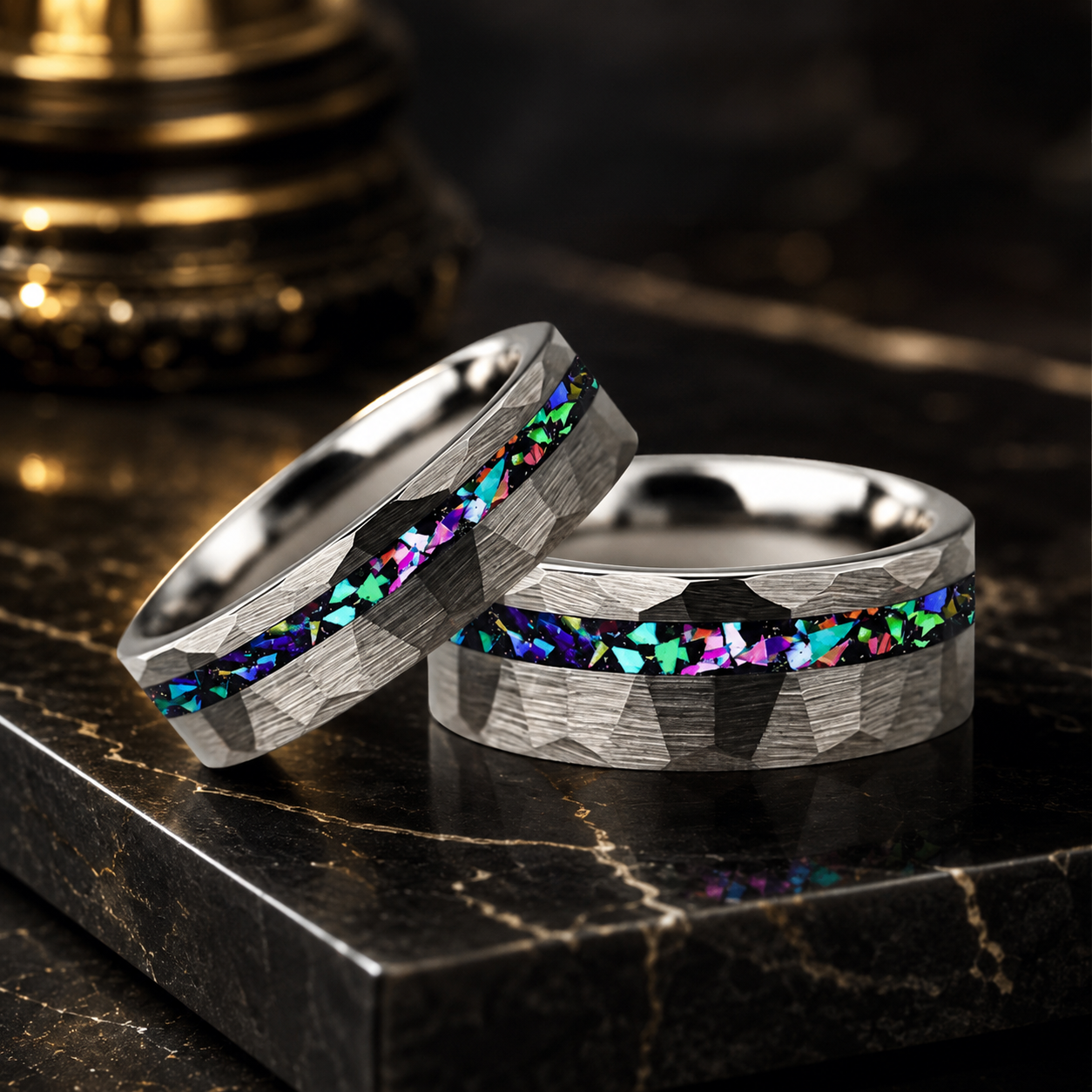 Hammered Tungsten Ring with Galaxy Opal Inlay