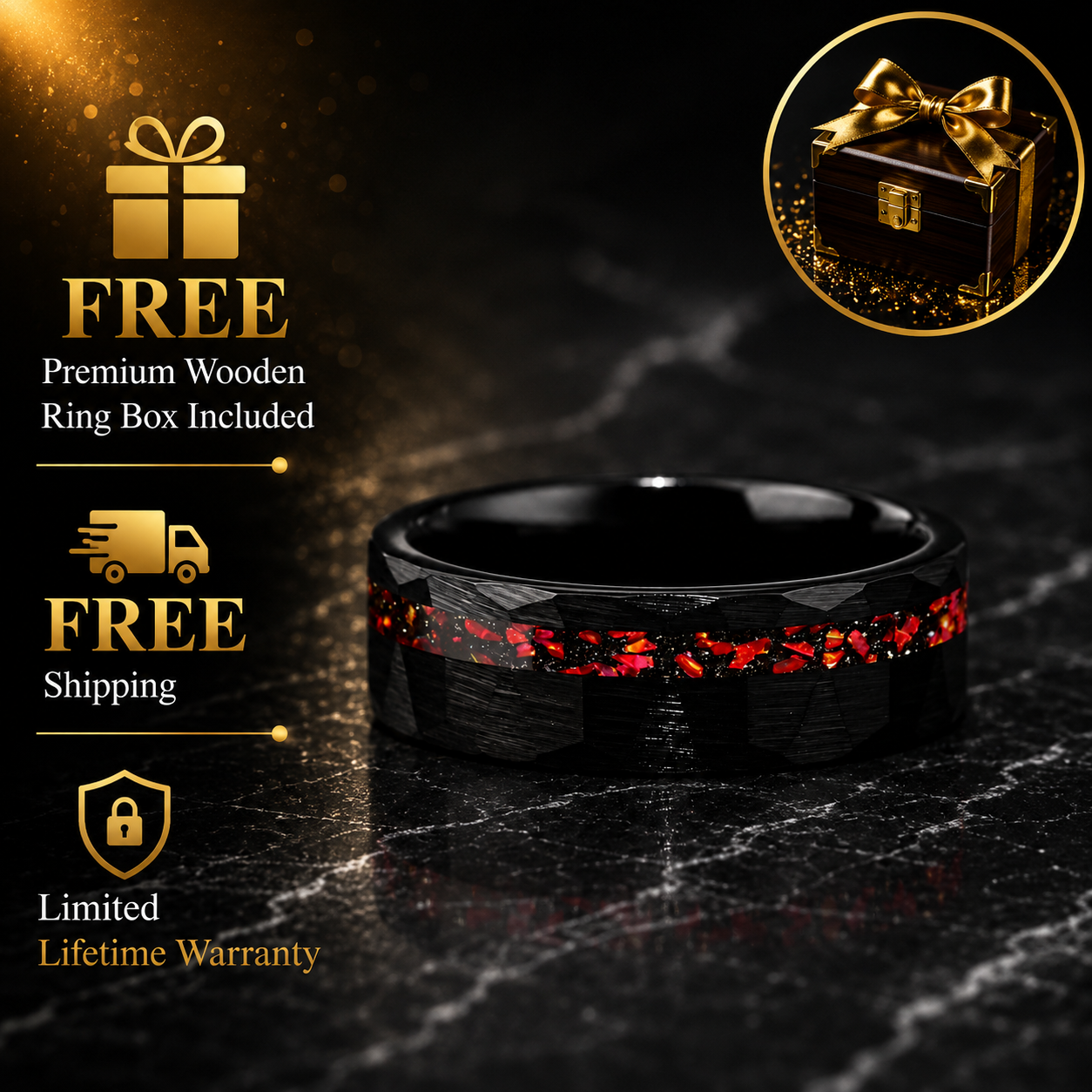 Hammered Tungsten Ring with Red Garnet Inlay