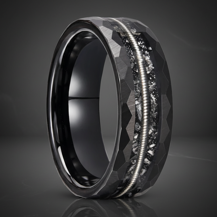 Hammered Black Tungsten Carbide Ring