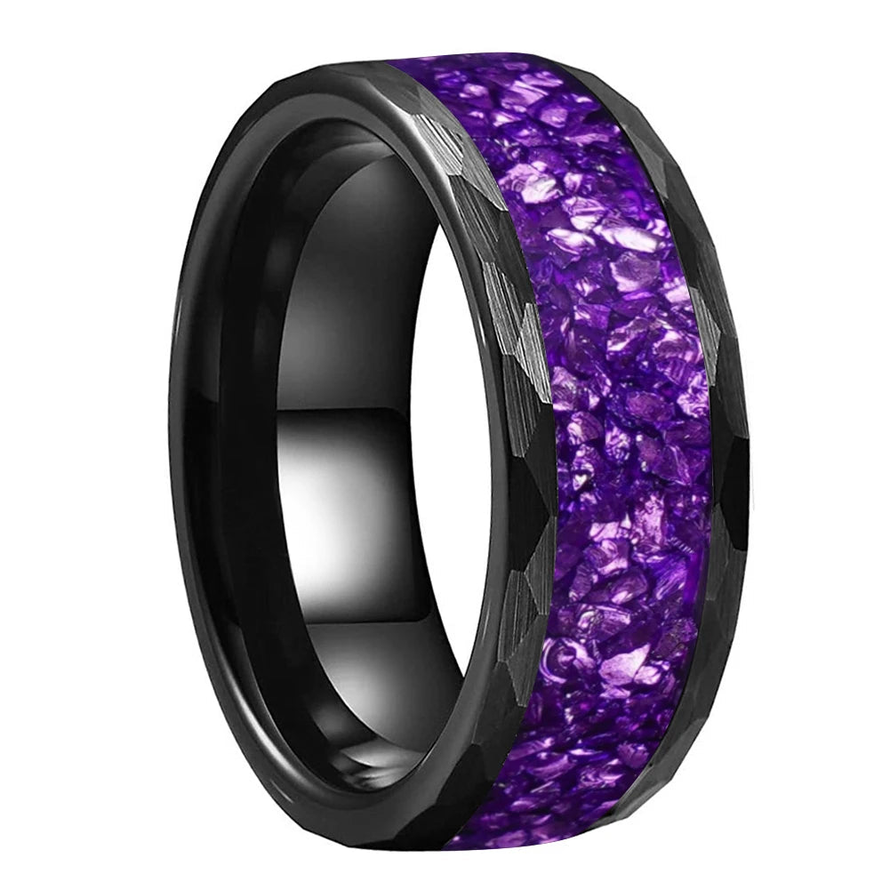 Hammered Black Tungsten Ring with Crystal Stone Inlay