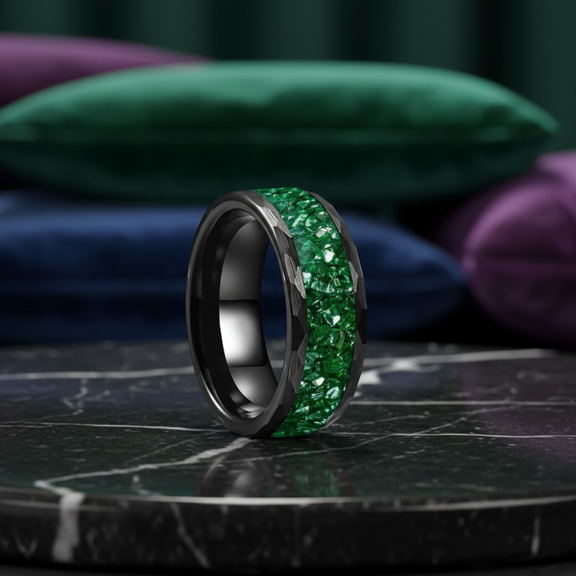 Hammered Black Tungsten Ring with Crystal Stone Inlay