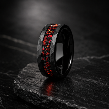 Hammered Black Tungsten Ring with Red Garnet
