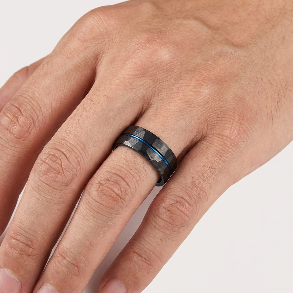 Hammered Black Tungsten Ring with Blue Inner