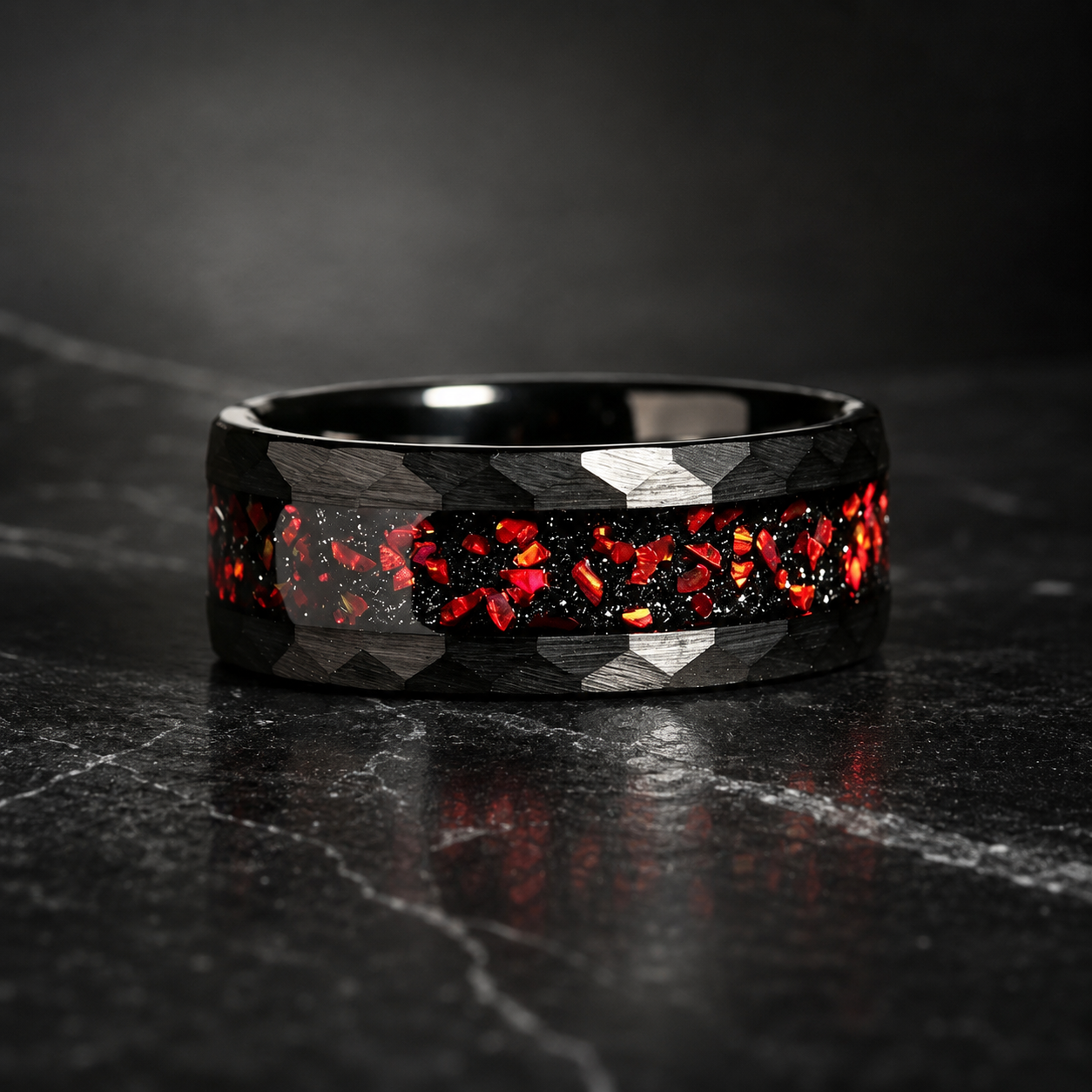 Hammered Black Tungsten Ring with Red Garnet