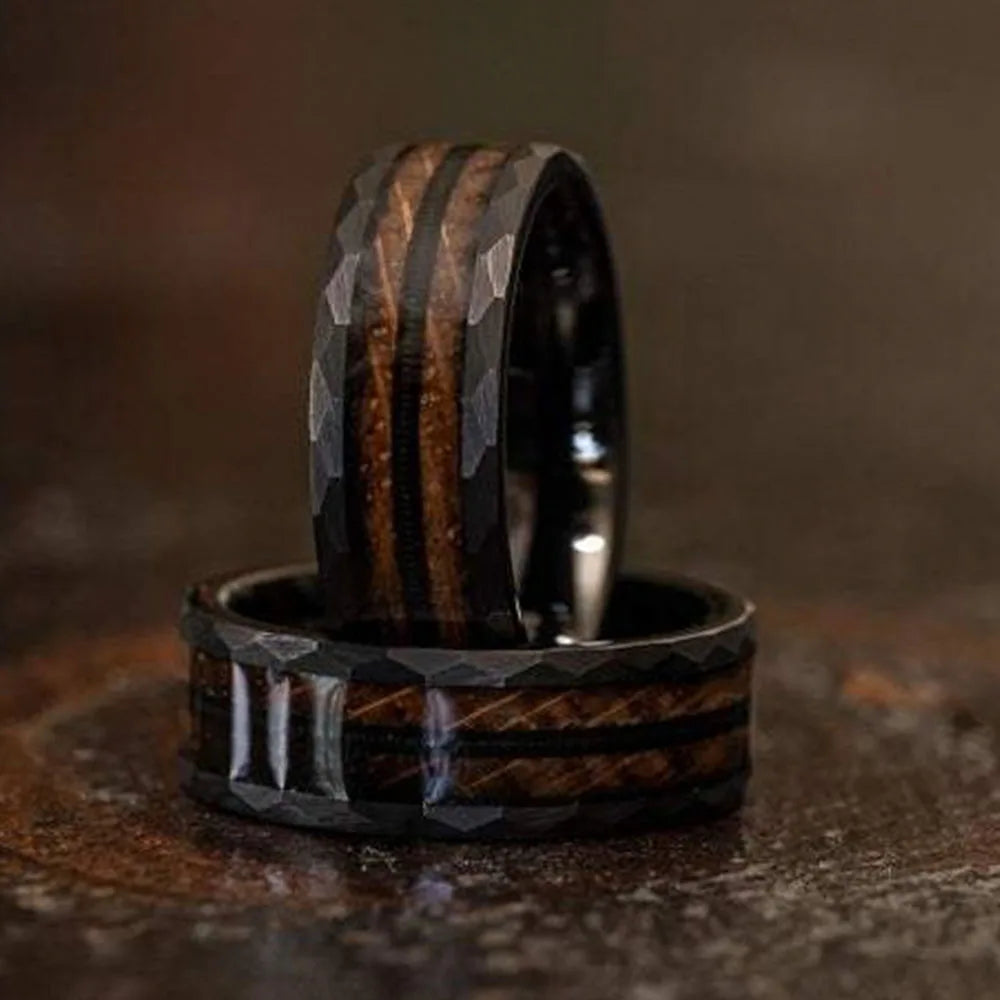 Hammered Black Tungsten Ring with Wood & Antler Inlay