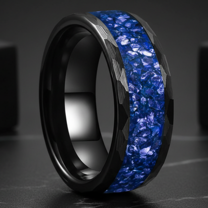Hammered Black Tungsten Ring with Crystal Stone Inlay