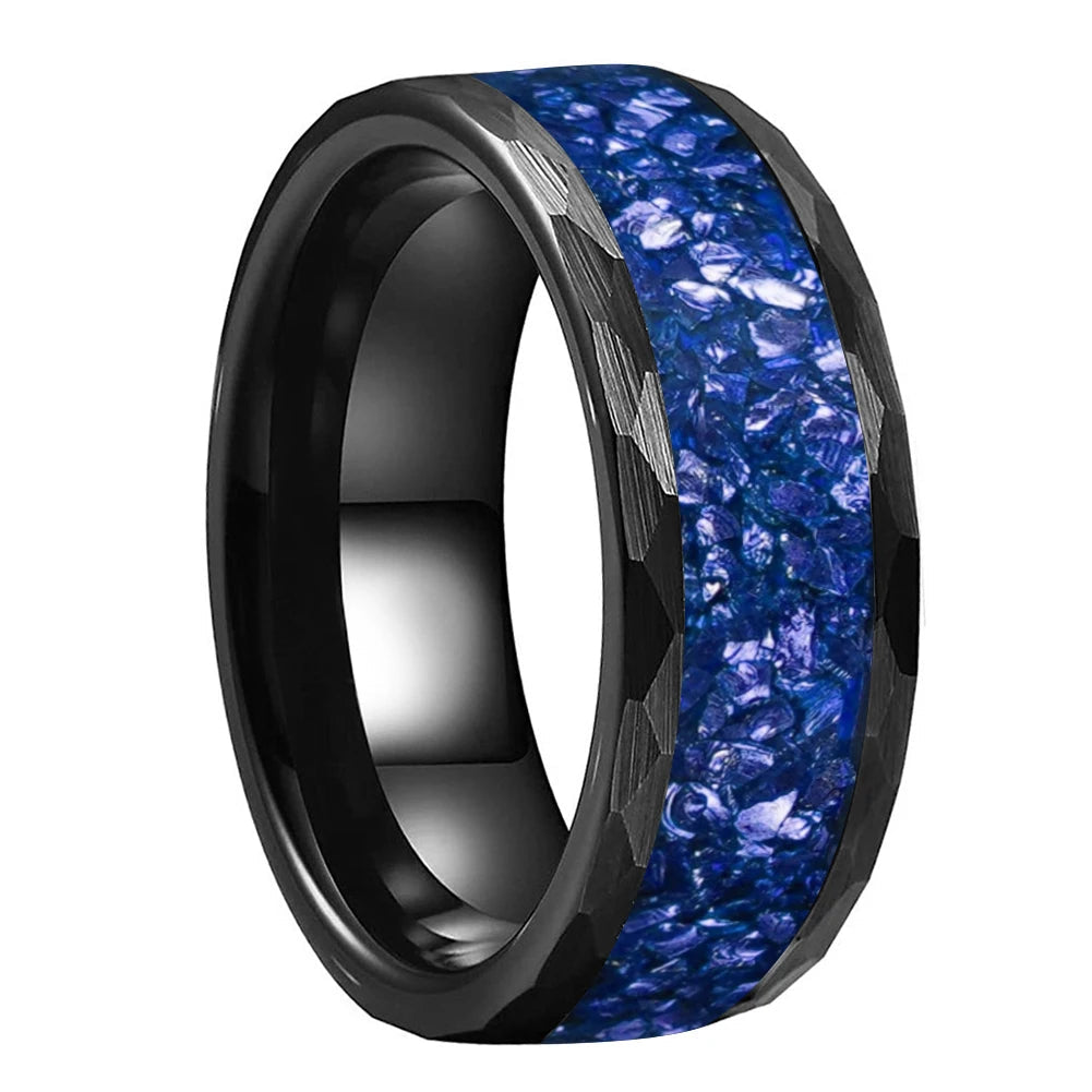Hammered Black Tungsten Ring with Crystal Stone Inlay