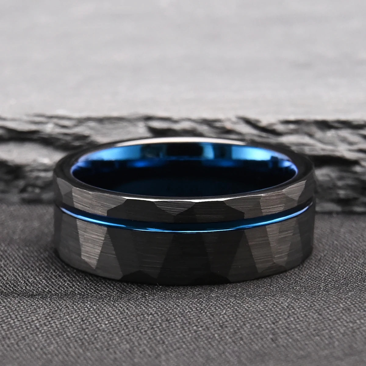 Hammered Black Tungsten Ring with Blue Inner