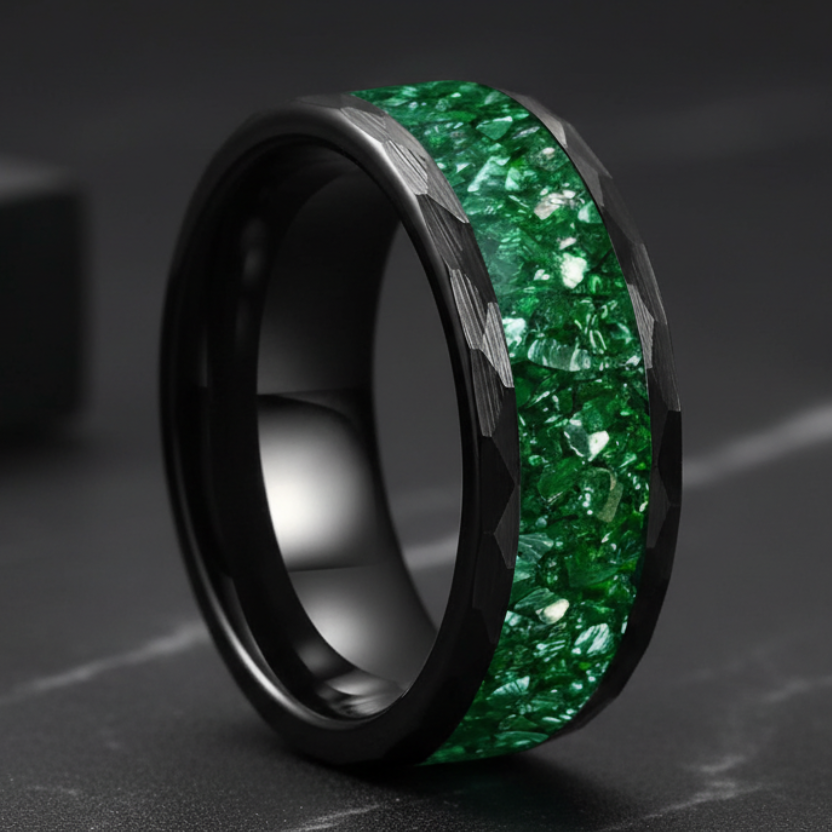 Hammered Black Tungsten Ring with Crystal Stone Inlay