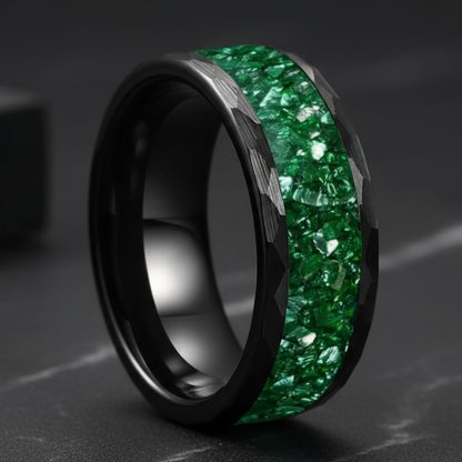 Hammered Black Tungsten Ring with Crystal Stone Inlay