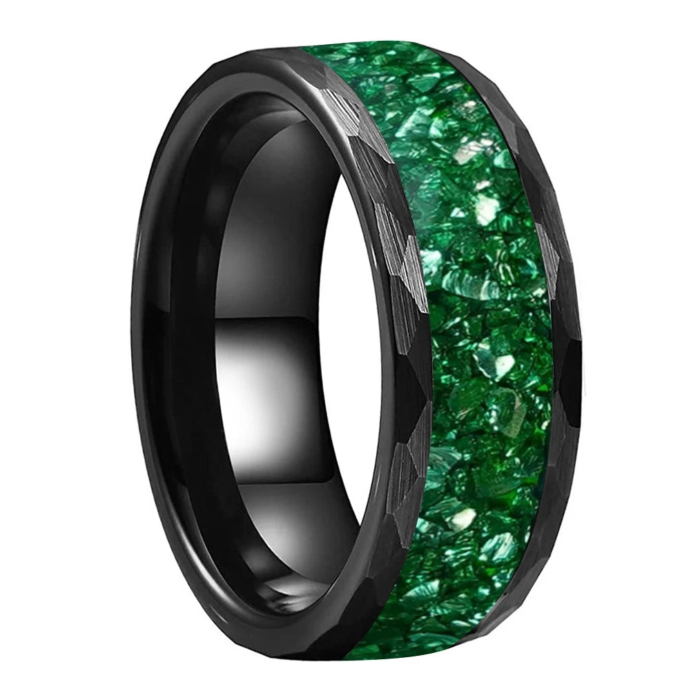 Hammered Black Tungsten Ring with Crystal Stone Inlay
