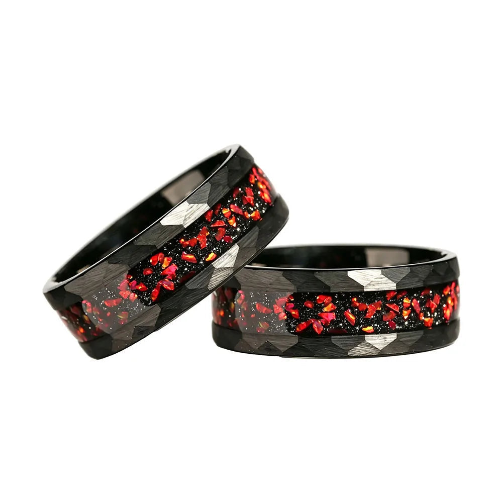 Hammered Black Tungsten Ring with Red Garnet