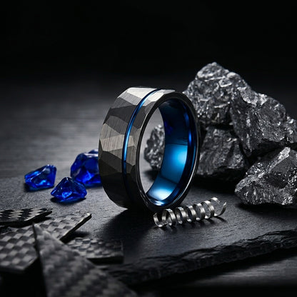 Hammered Black Tungsten Ring with Blue Inner