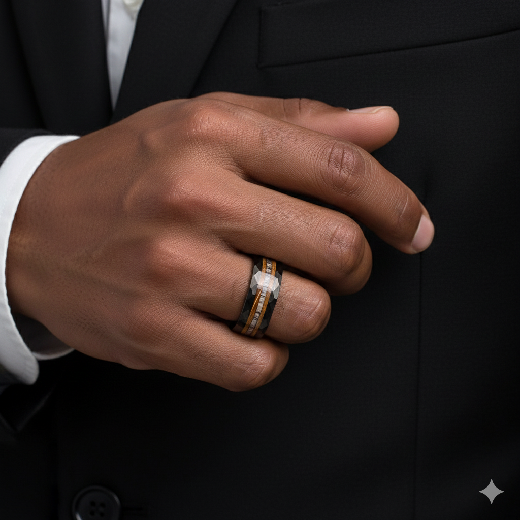 Hammered Black Tungsten Ring with Wood & Antler Inlay