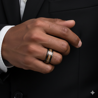 Hammered Black Tungsten Ring with Wood & Antler Inlay