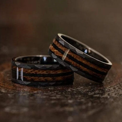 Hammered Black Tungsten Ring with Wood & Antler Inlay