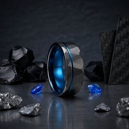 Hammered Black Tungsten Ring with Blue Inner