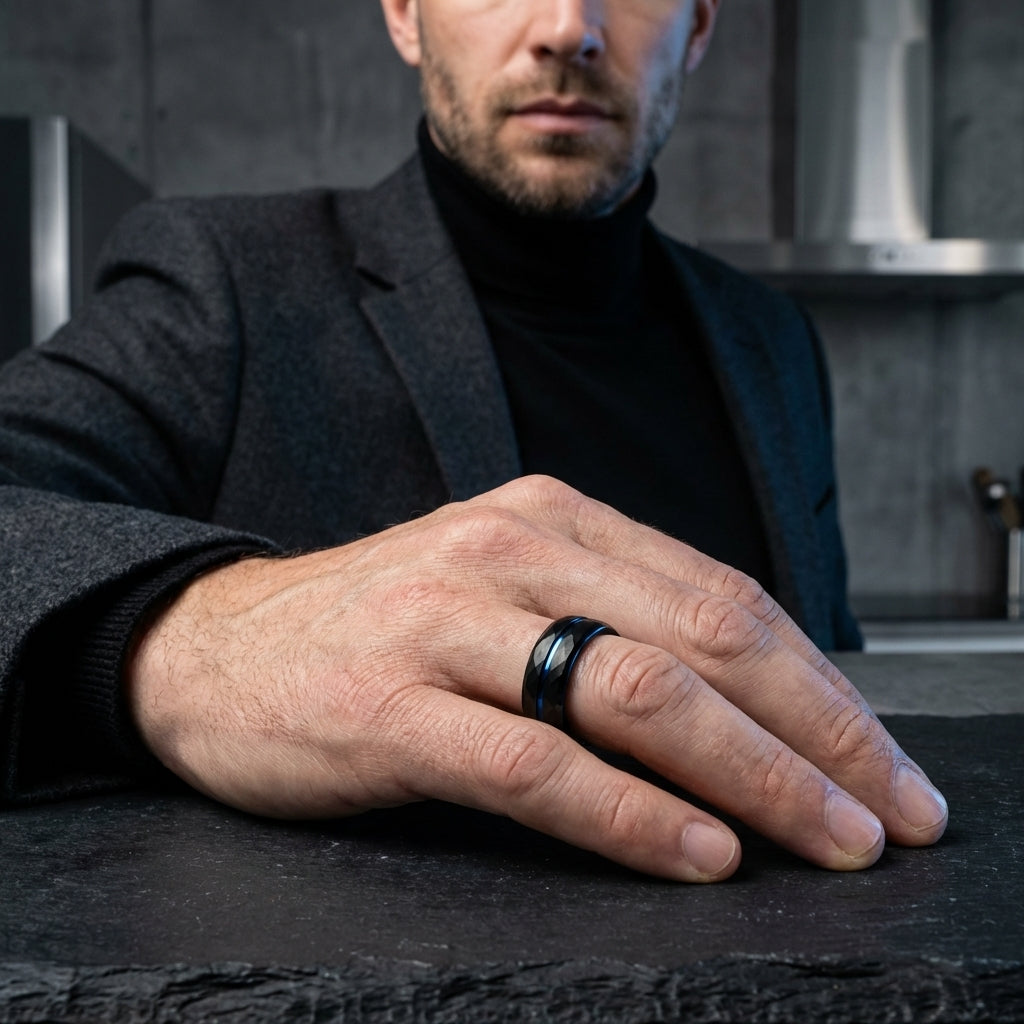 Hammered Black Tungsten Ring with Blue Inner