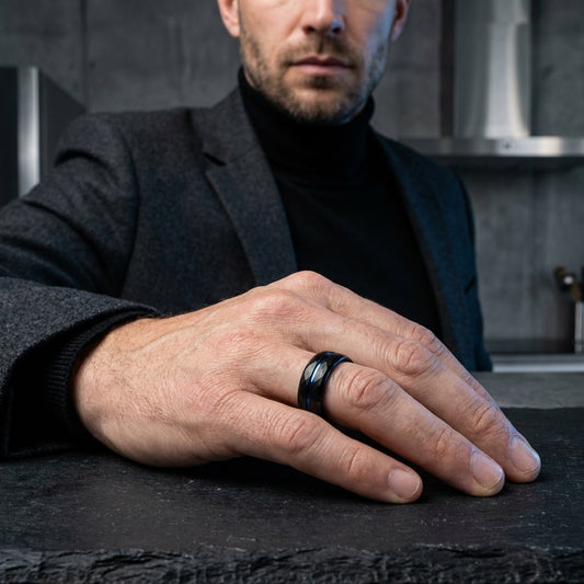 Hammered Black Tungsten Ring with Blue Inner