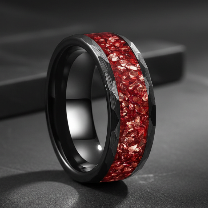 Hammered Black Tungsten Ring with Crystal Stone Inlay