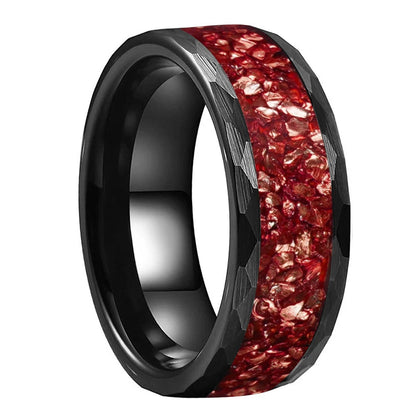 Hammered Black Tungsten Ring with Crystal Stone Inlay