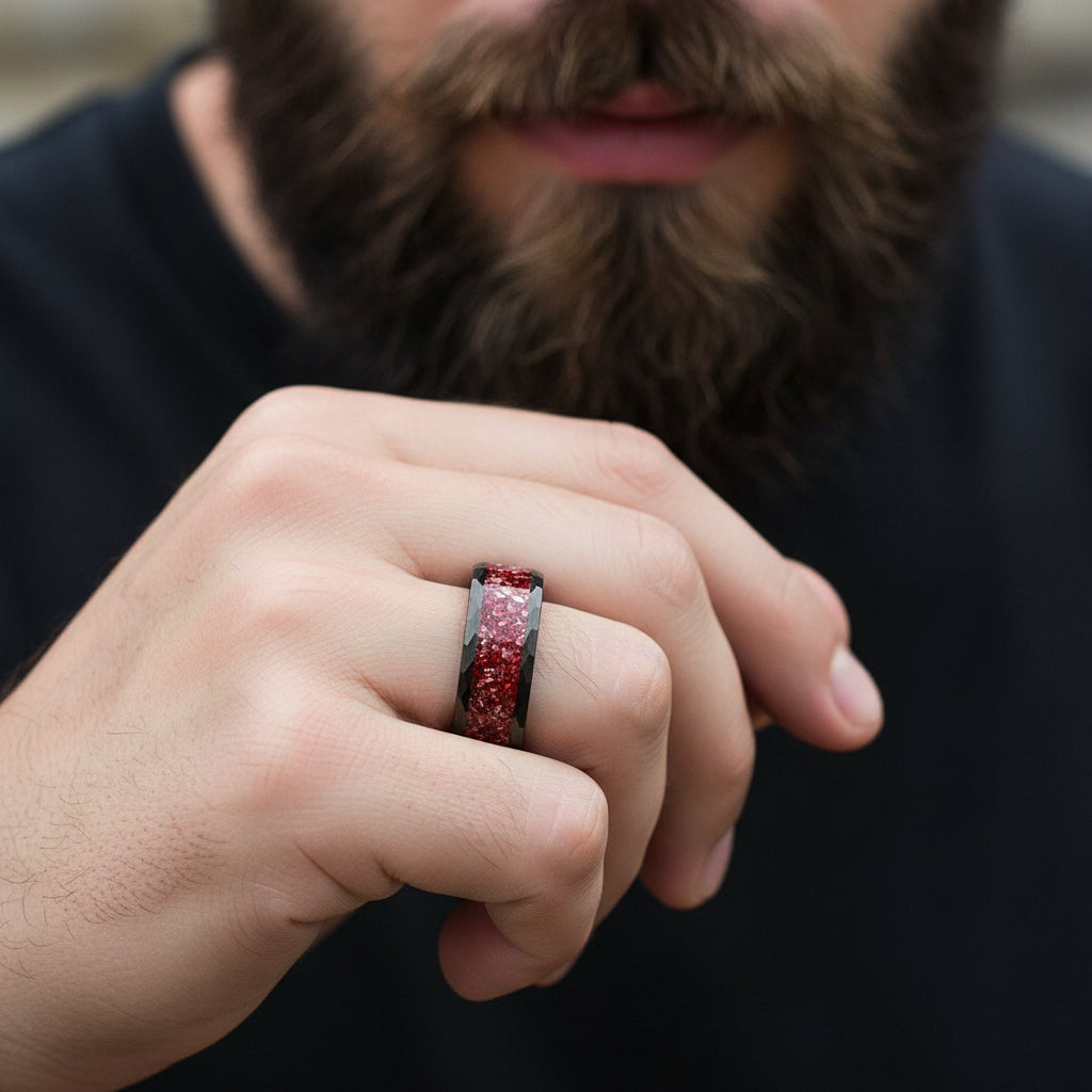 Hammered_Black_Tungsten_Ring_with_Crystal_Stone_Inlay