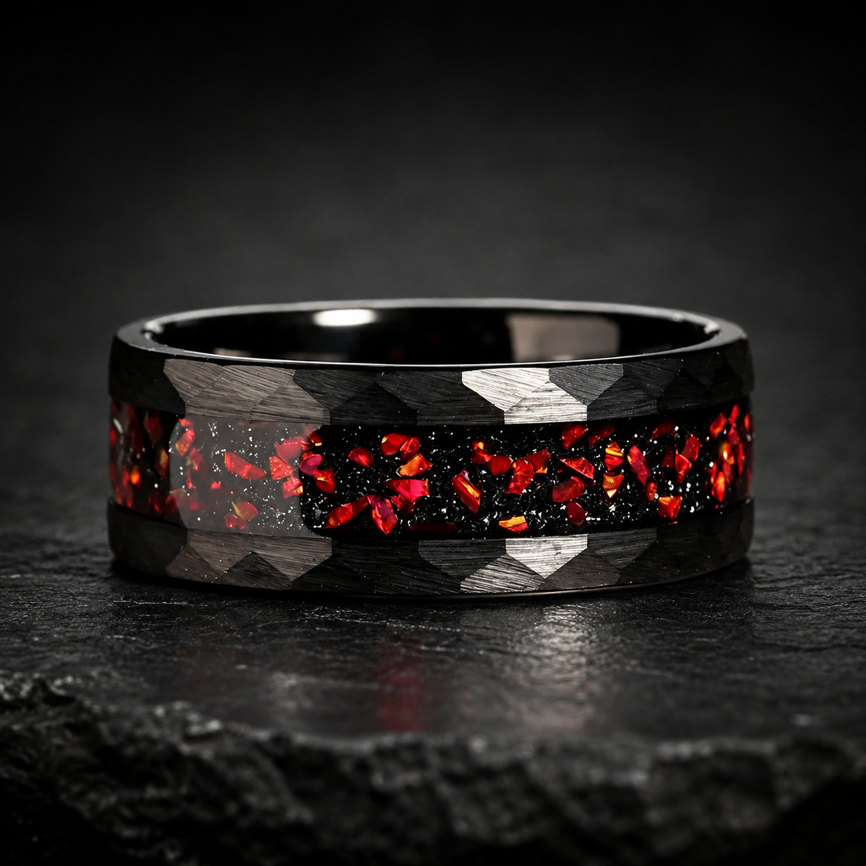 Hammered Black Tungsten Ring with Red Garnet