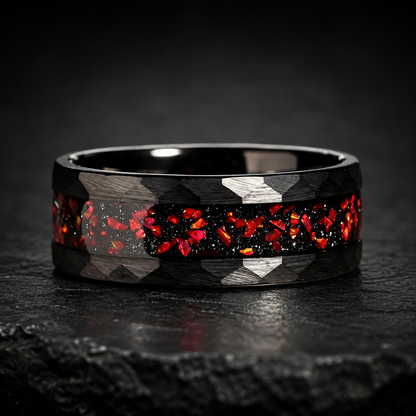 Hammered Black Tungsten Ring with Red Garnet