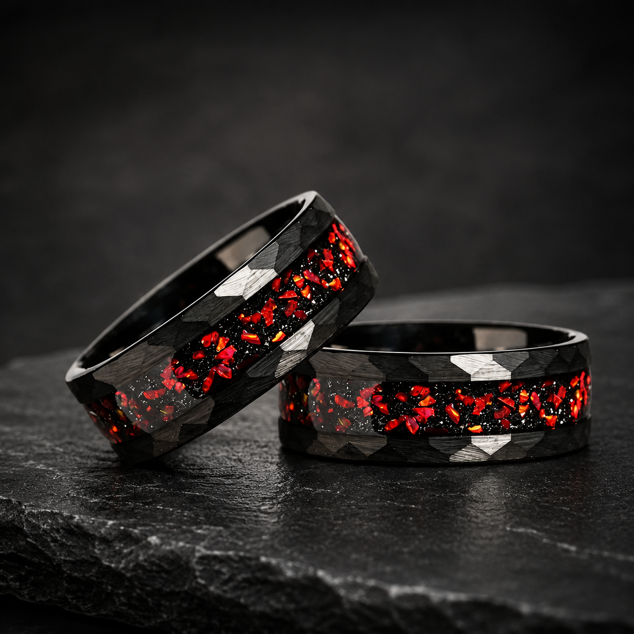 Hammered Black Tungsten Ring with Red Garnet