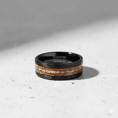 Hammered Black Tungsten Ring with Wood & Antler Inlay