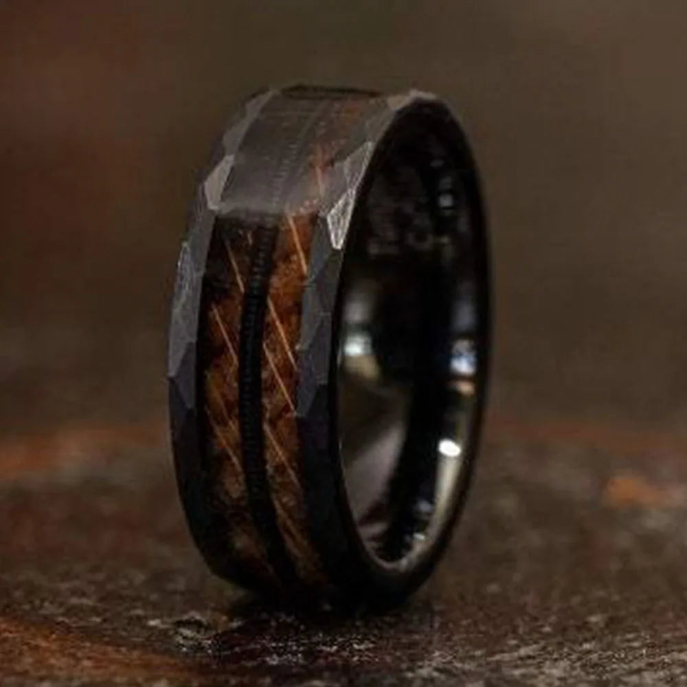 Hammered Black Tungsten Ring with Wood & Antler Inlay