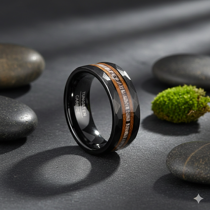 Hammered Black Tungsten Ring with Wood & Antler Inlay