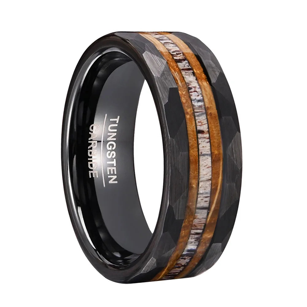 Hammered Black Tungsten Ring with Wood & Antler Inlay