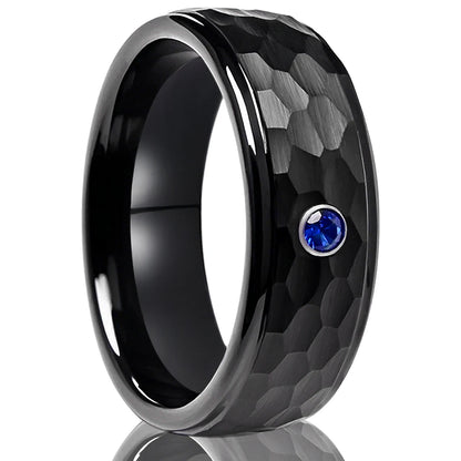 Hammered Blue Zircon Tungsten Band