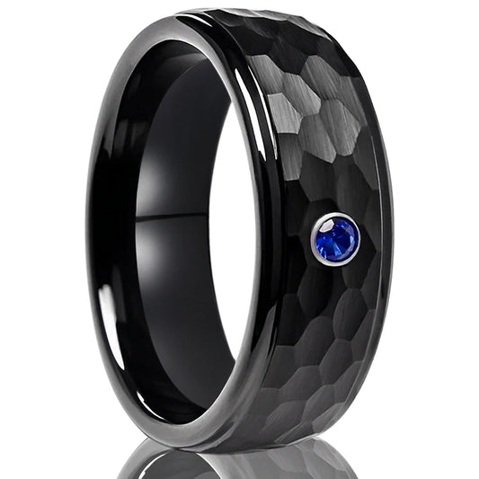 Hammered Blue Zircon Tungsten Band