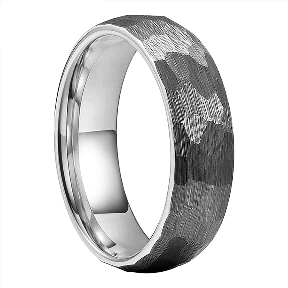  Hammered Faceted Brushed Tungsten Couple Wedding Band